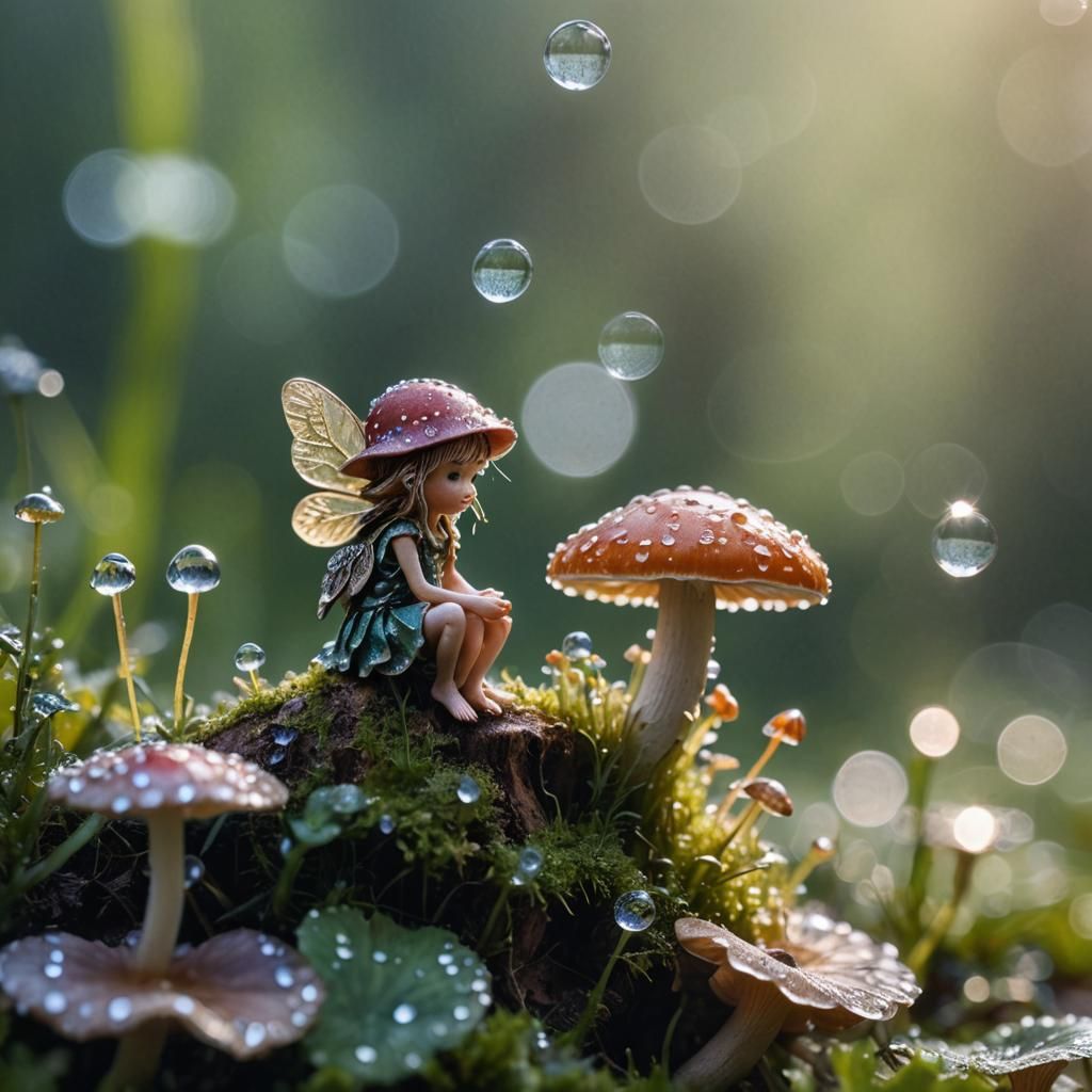 Fairy on Mushroom: Macro Photograph with Dew Drops