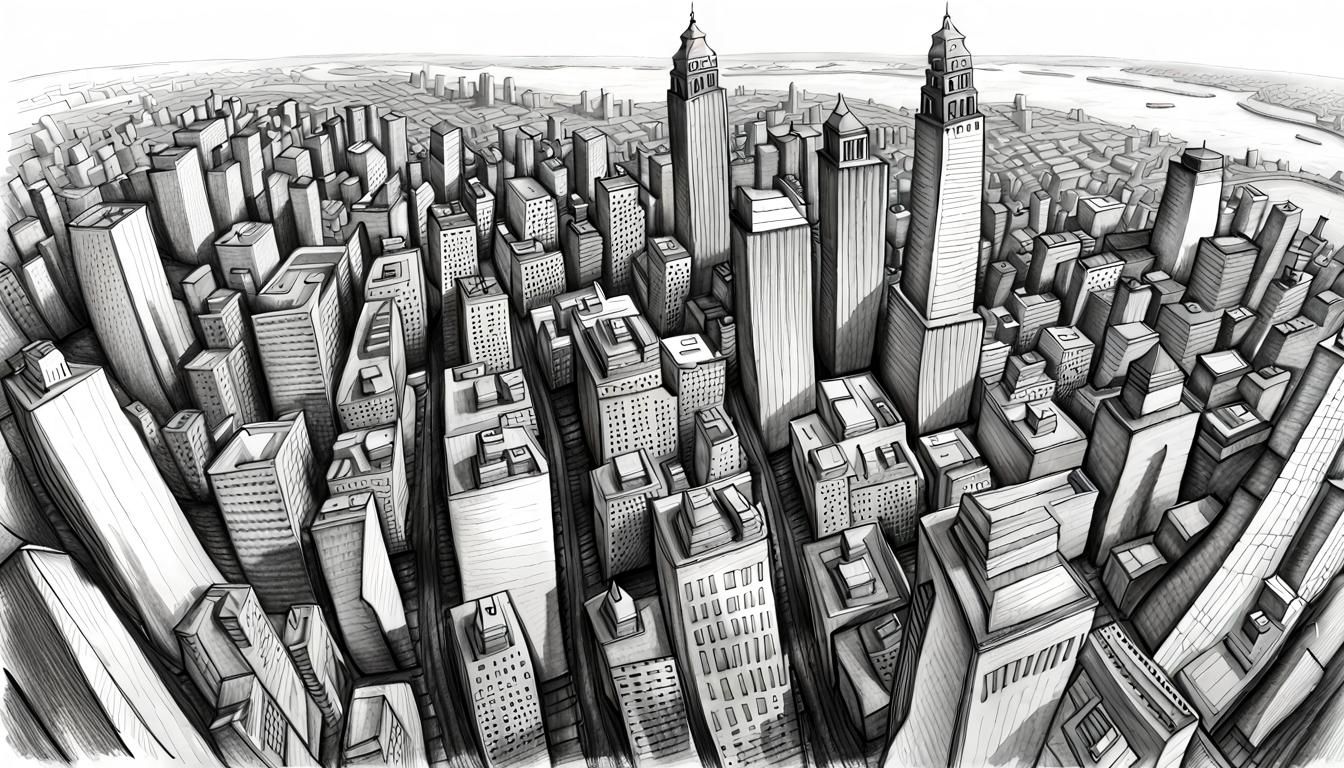 Aerial Cityscape in Detailed Pencil Sketch