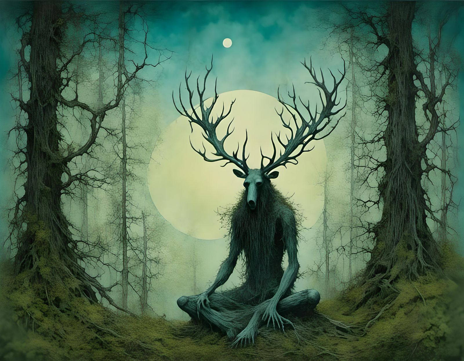 Cernunnos in Forest with Triple Moon