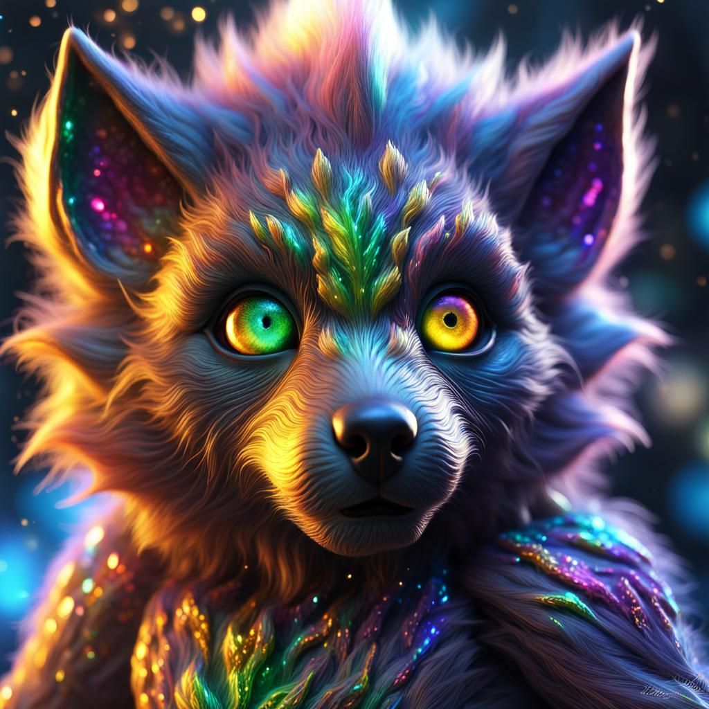 Adorable Baby Werewolf with Rainbow Fur in Fantasy Art