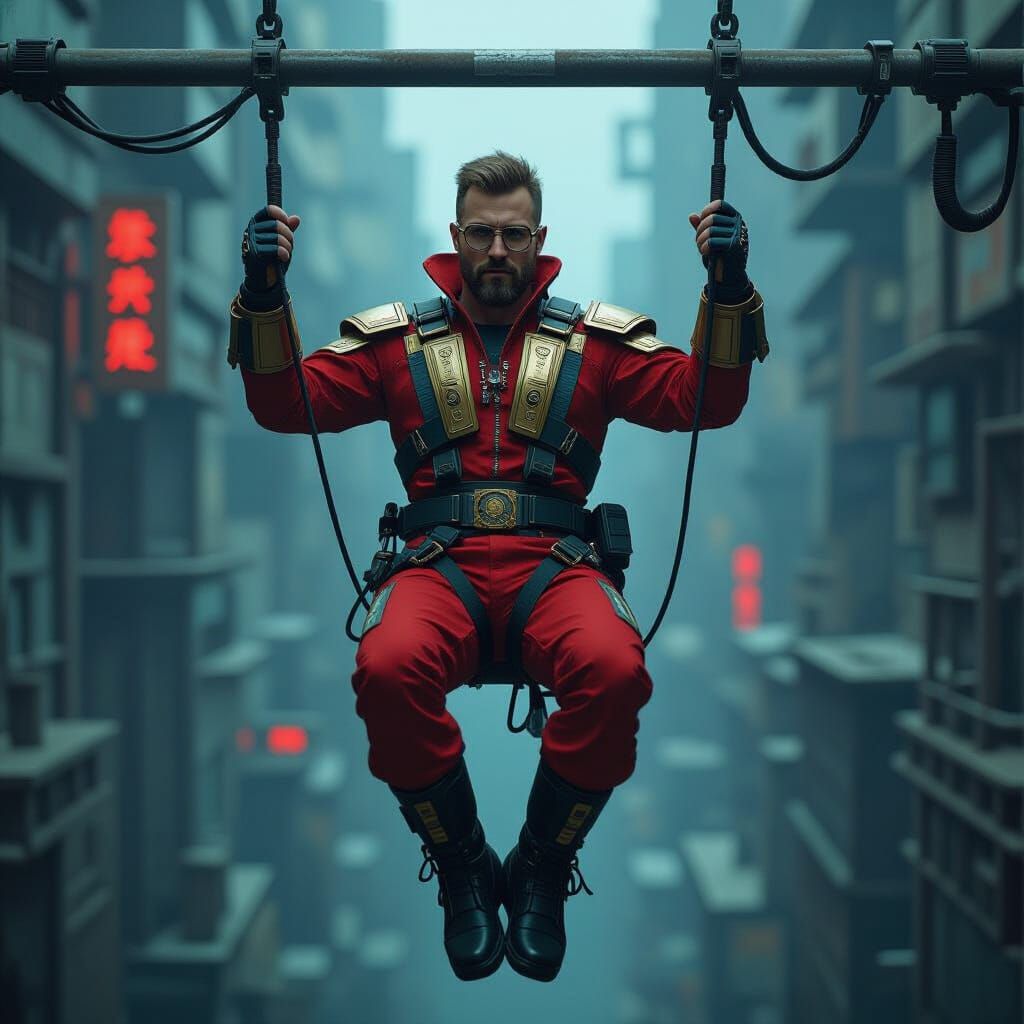 Cyberpunk Equilibrist Suspended Over Gritty Landscape