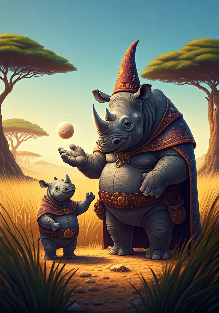 Rhino Wizard Levitation: A Whimsical Fantasy Scene