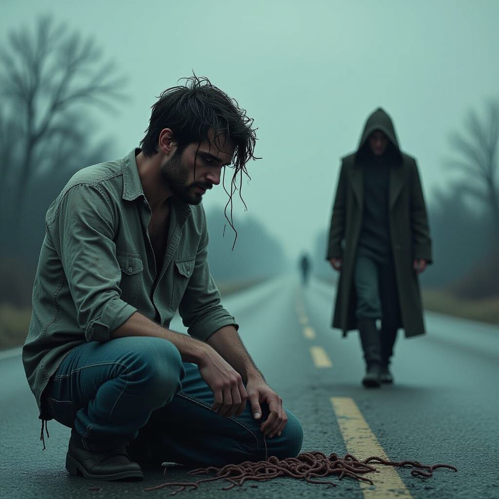 Distressed Man Trapped in Gothic Horror Scene