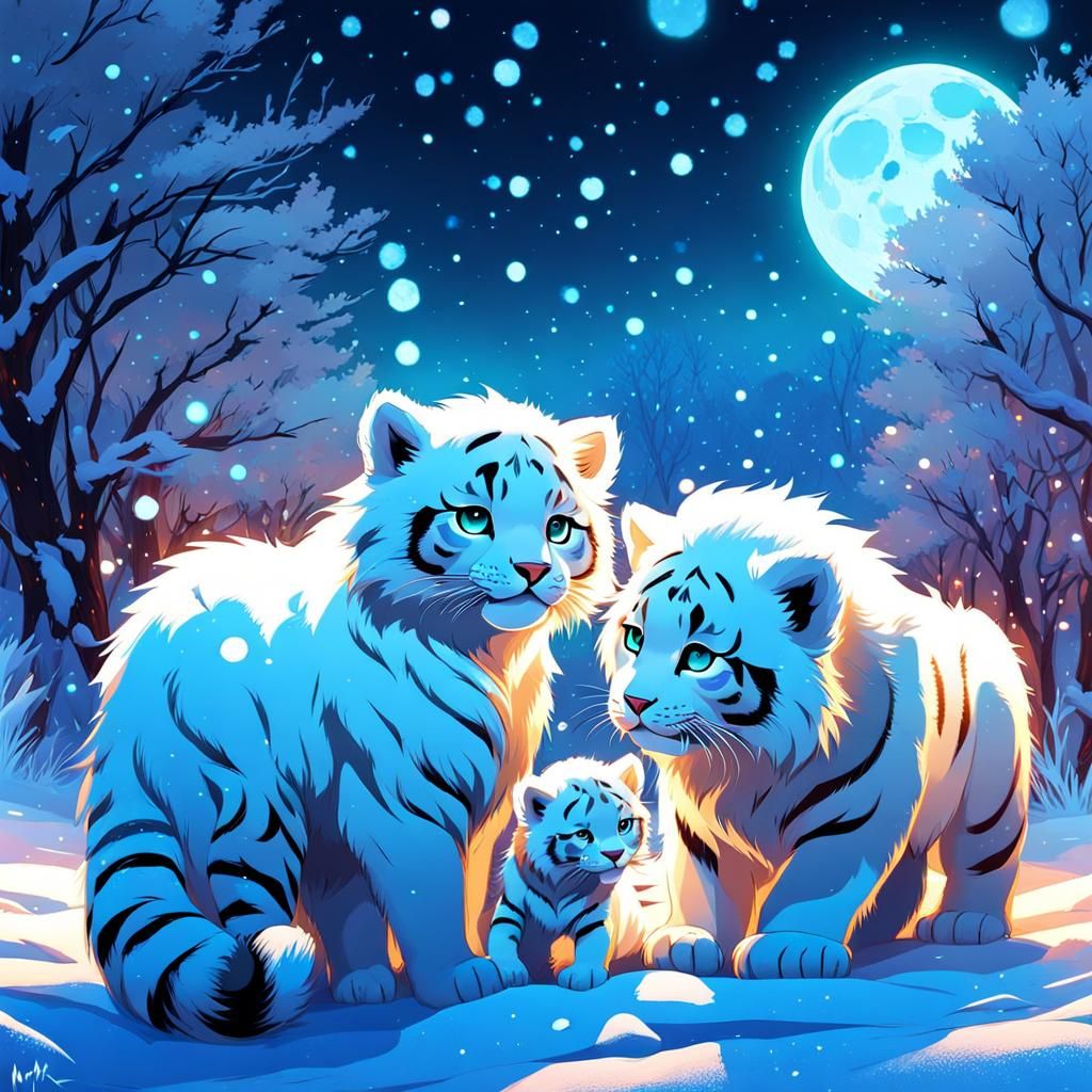 Chibi Snow Tigers in Bioluminescent Aurora Borealis