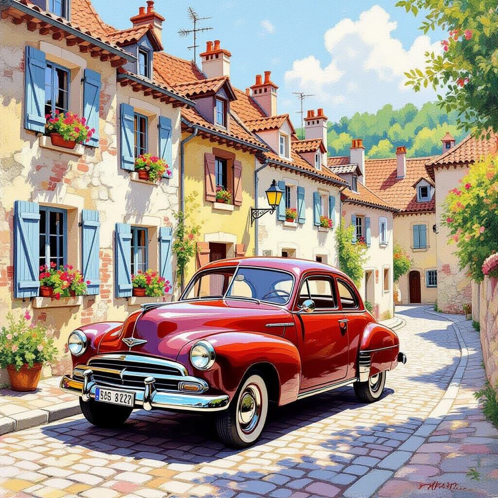 Vintage French Town Scene in Oil Pastel Style