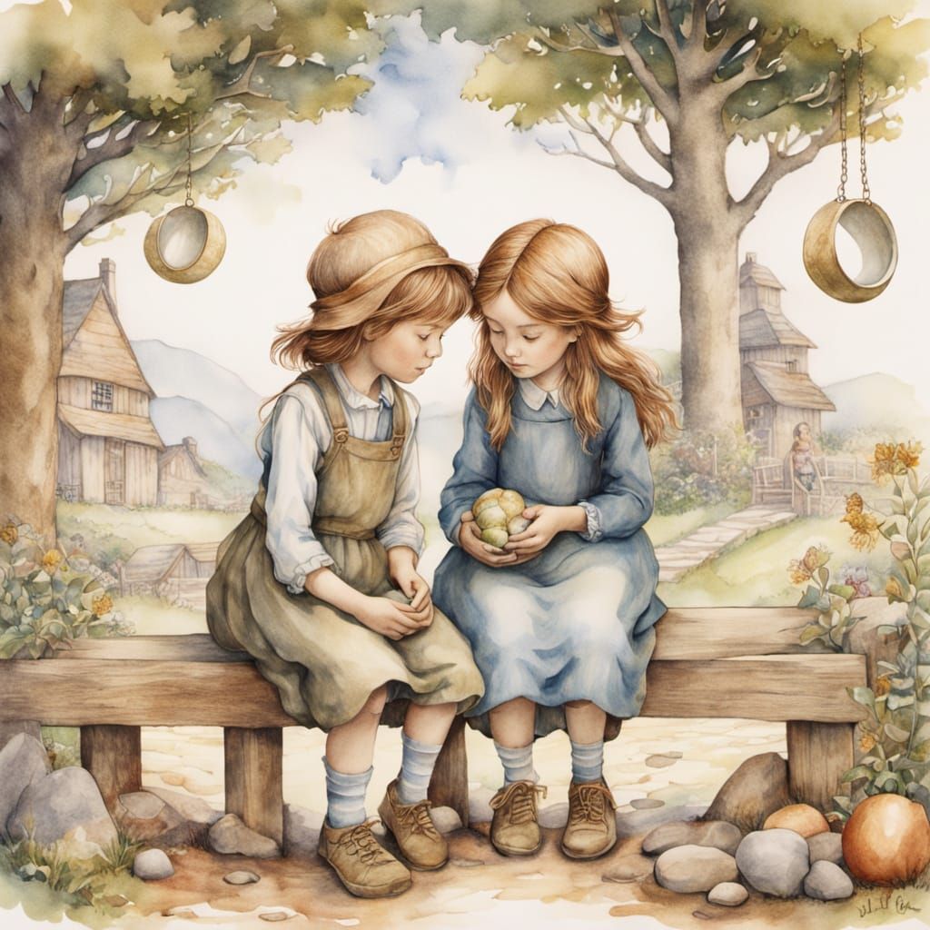 Children Playing Five Stones in Vintage Style