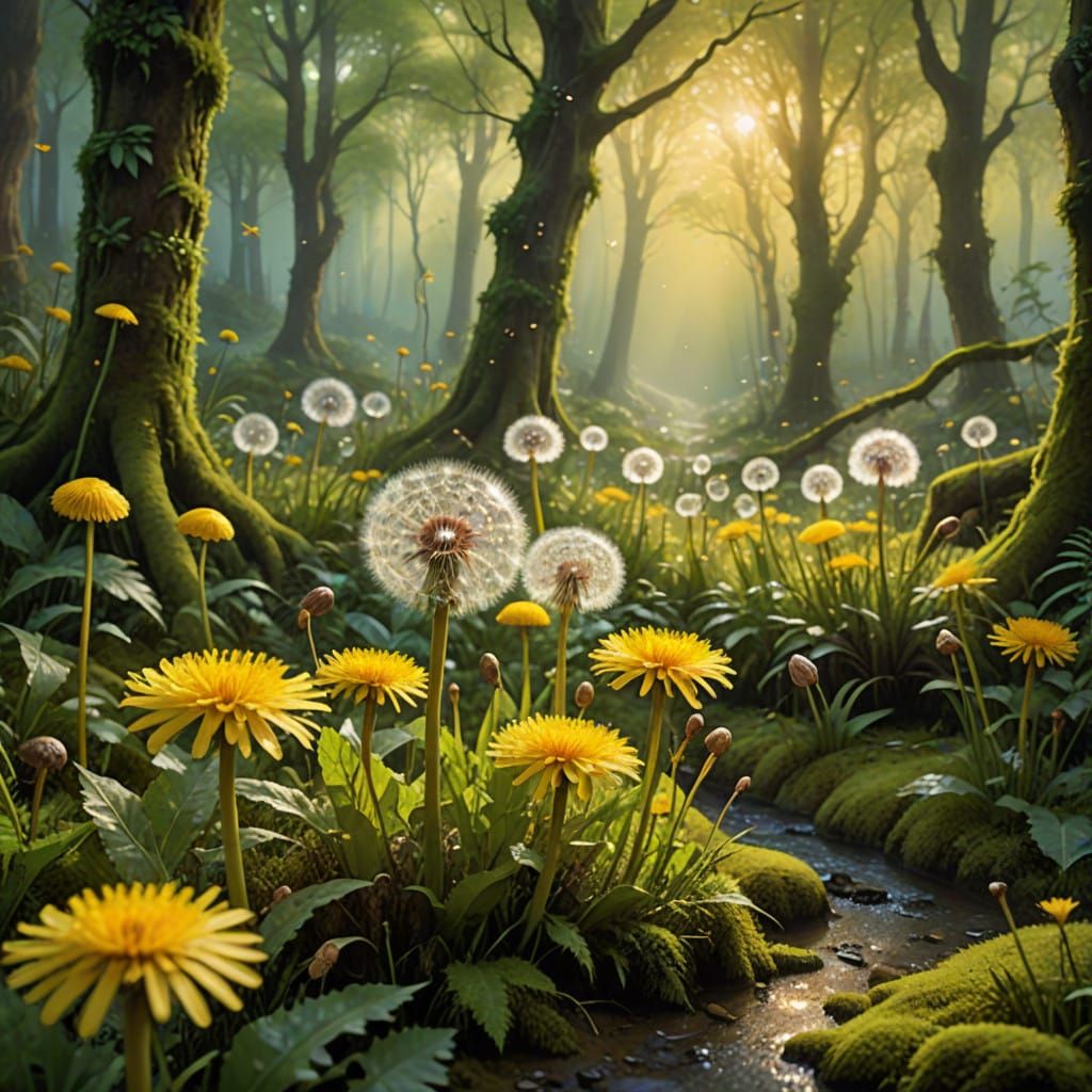Golden Dandelions in a Lush Forest Clearing
