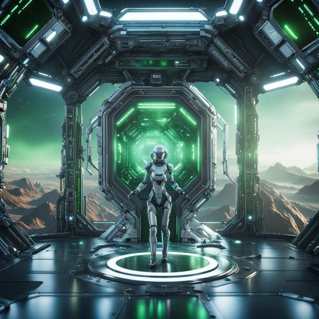 Futuristic Space Station with Armored Woman in Sci-Fi Style