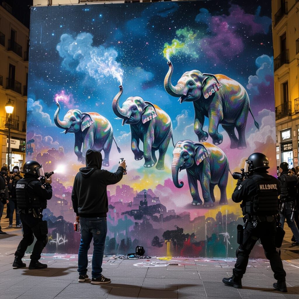 Street Artist Paints Elephants During Madrid Protest