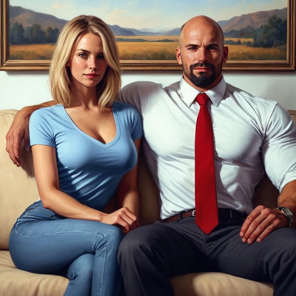 Hyperrealistic Portrait of a Blond Woman and Bald Man