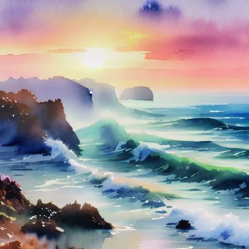 Watercolor Sunrise Over Rocky Ocean Shoreline