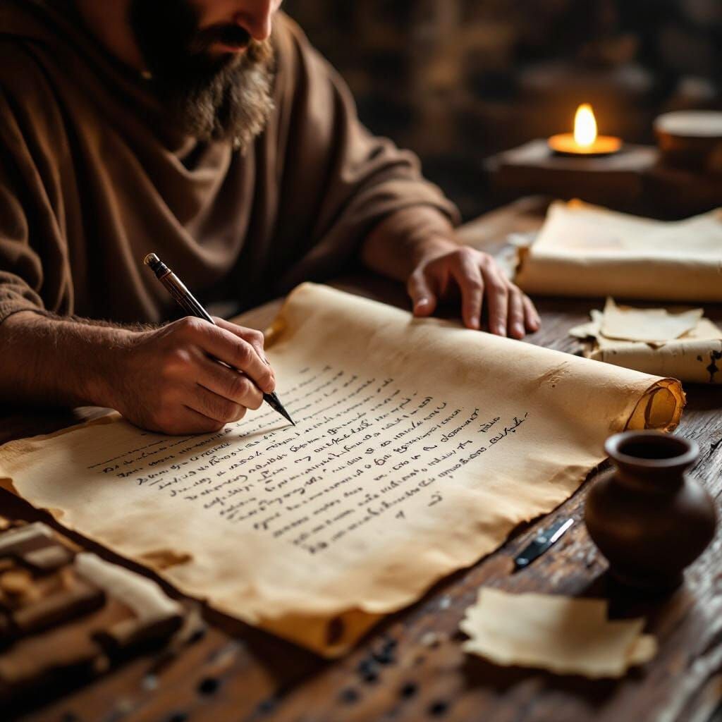 1st Century Scribe Writing Paul's Epistles on Papyrus Scroll