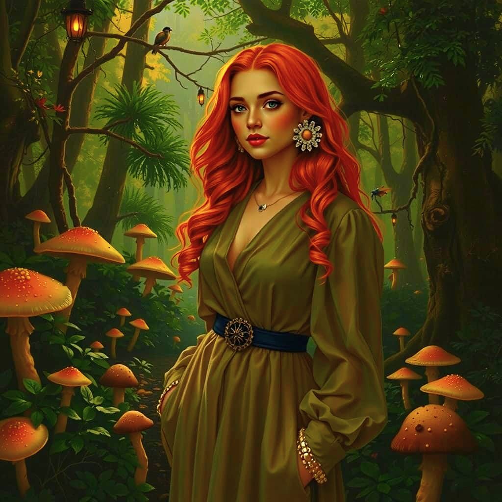 Ethereal Woman in Bioluminescent Forest Illustration