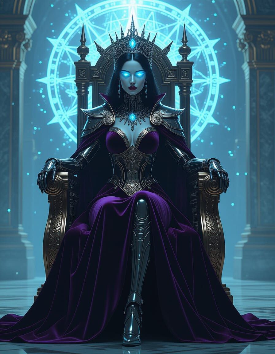 Cybernetic Queen in Vintage Robes on Chrome Throne