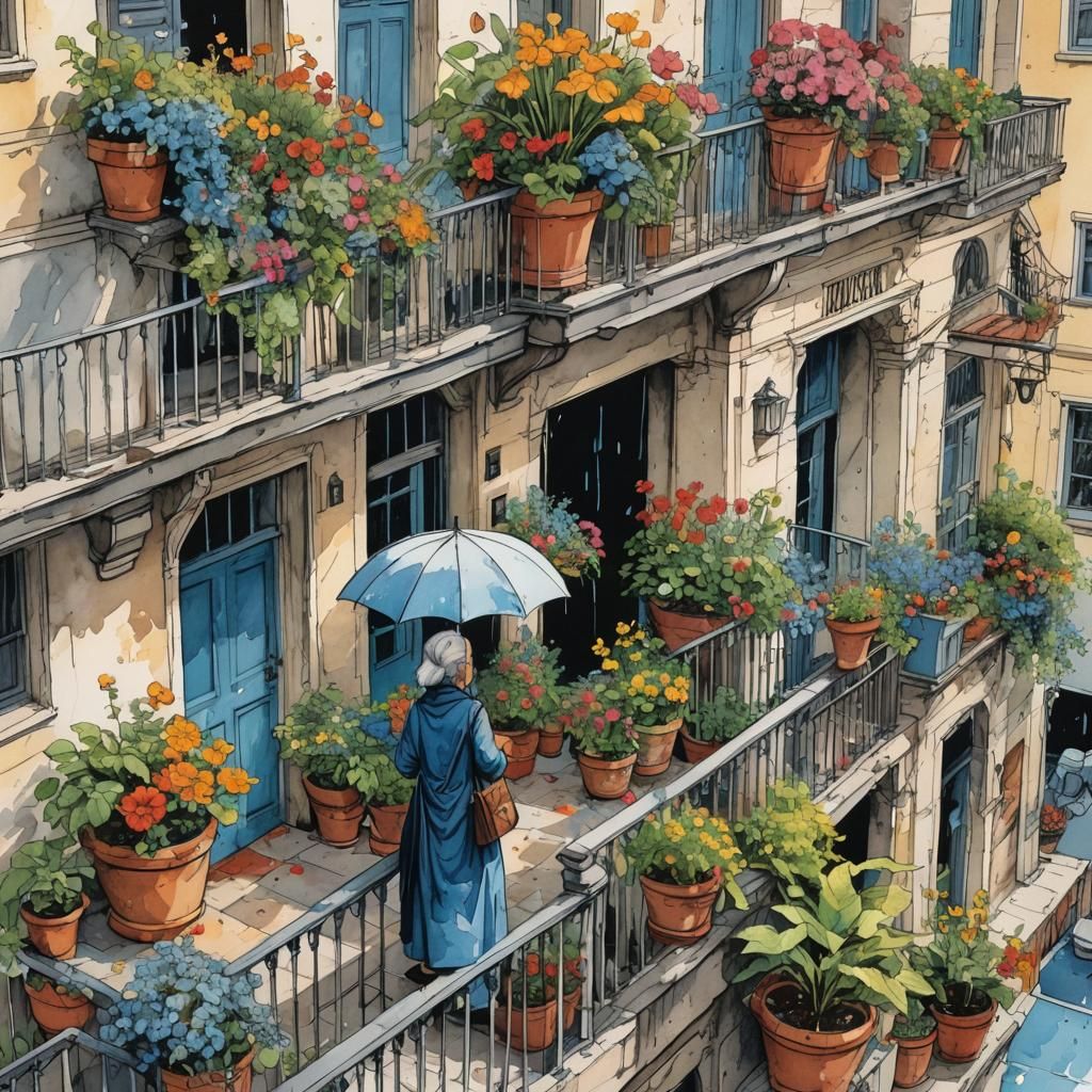 Dino Battaglia Style Balcony Scene with Rainbow