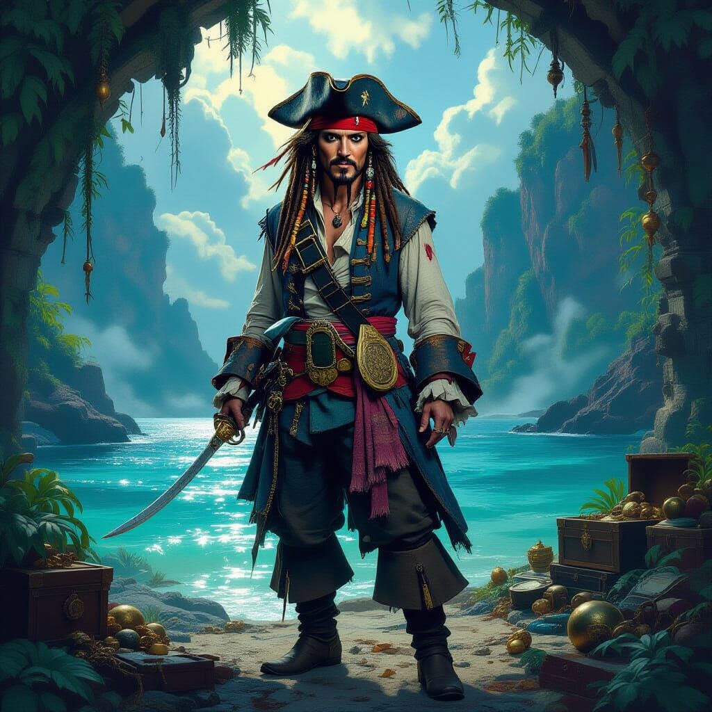 Pirate Captain on Mystical Island in Vibrant Colors