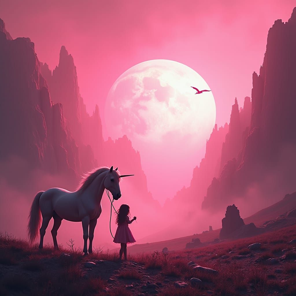 Pink Landscape with Girl and Unicorn Silhouettes