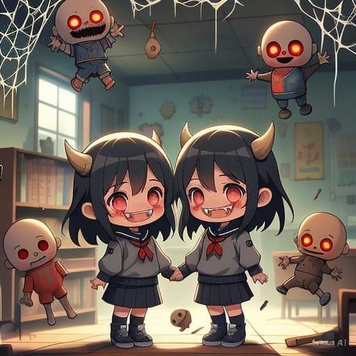 Chibi Demon Twins in School Uniforms, Macabre Kawaii Horror