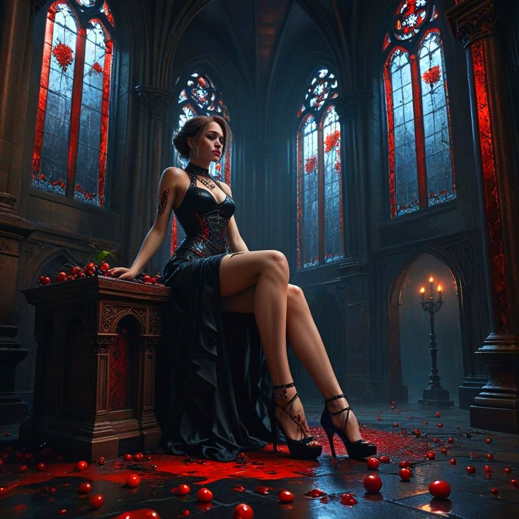 Gothic Woman with Tattoos in Dramatic Setting