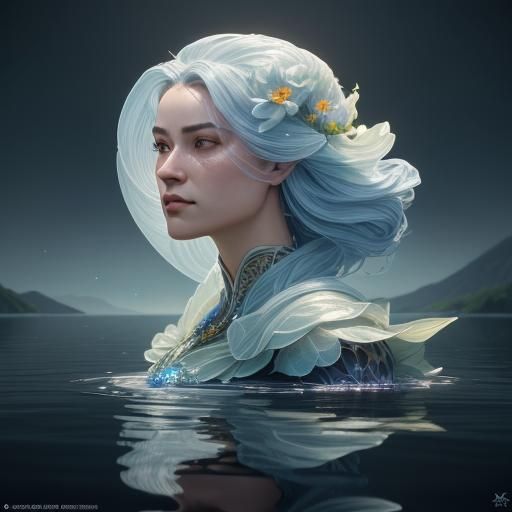 Exotic Flower on Serene Lake in Art Nouveau Style