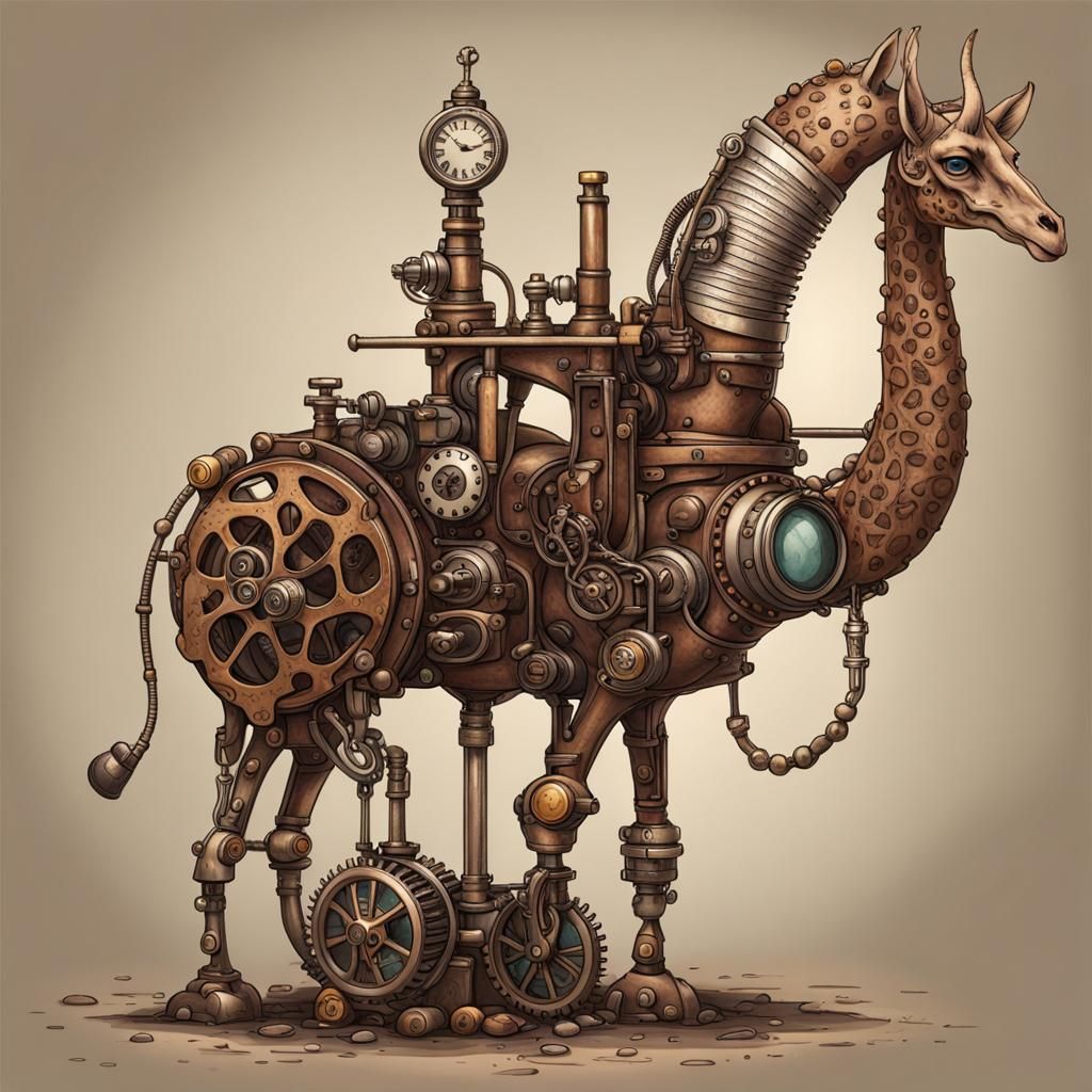 Girl on Giraffe with Steampunk Engine