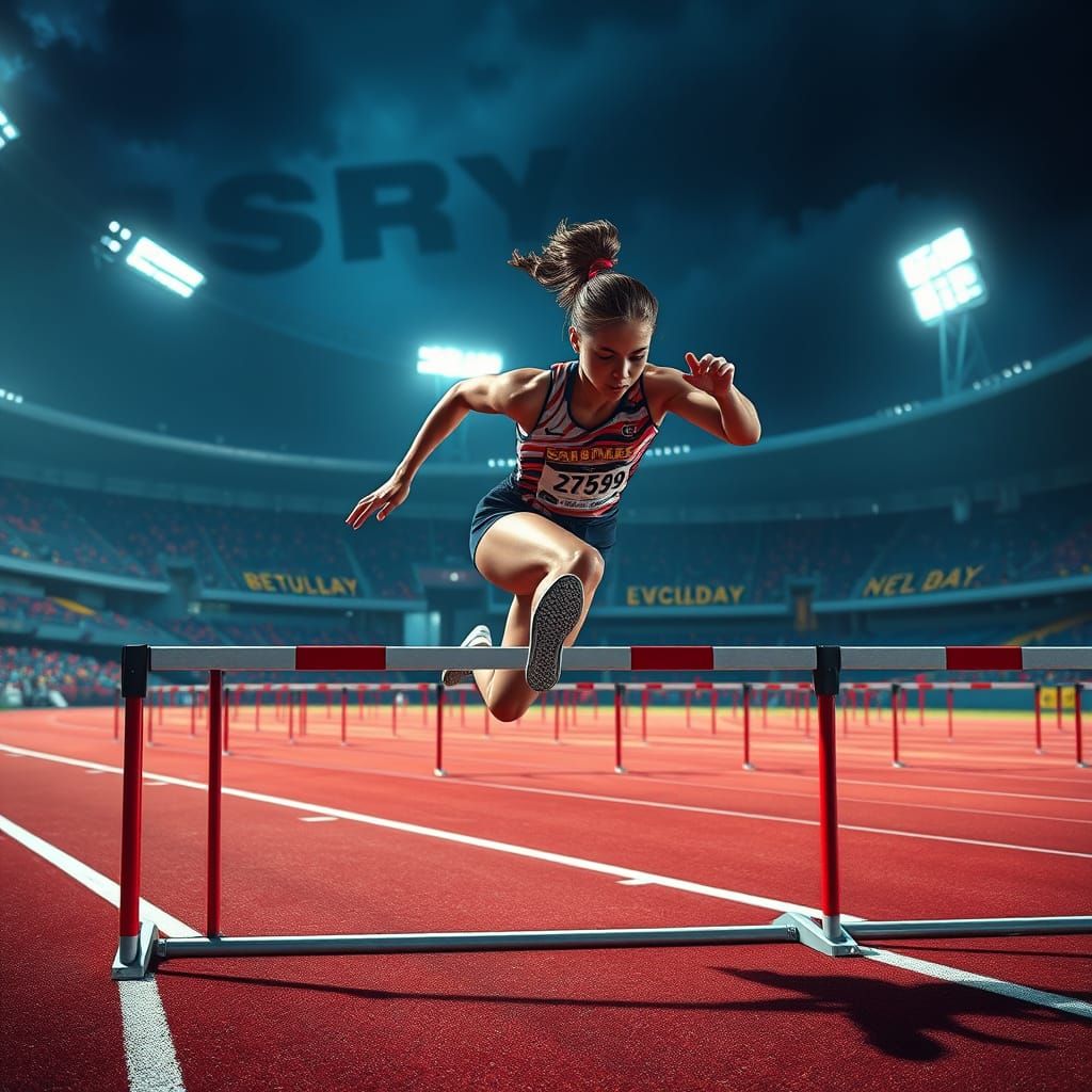Athletic Dreamgirl Leaps over Hurdles in Vibrant Stadium