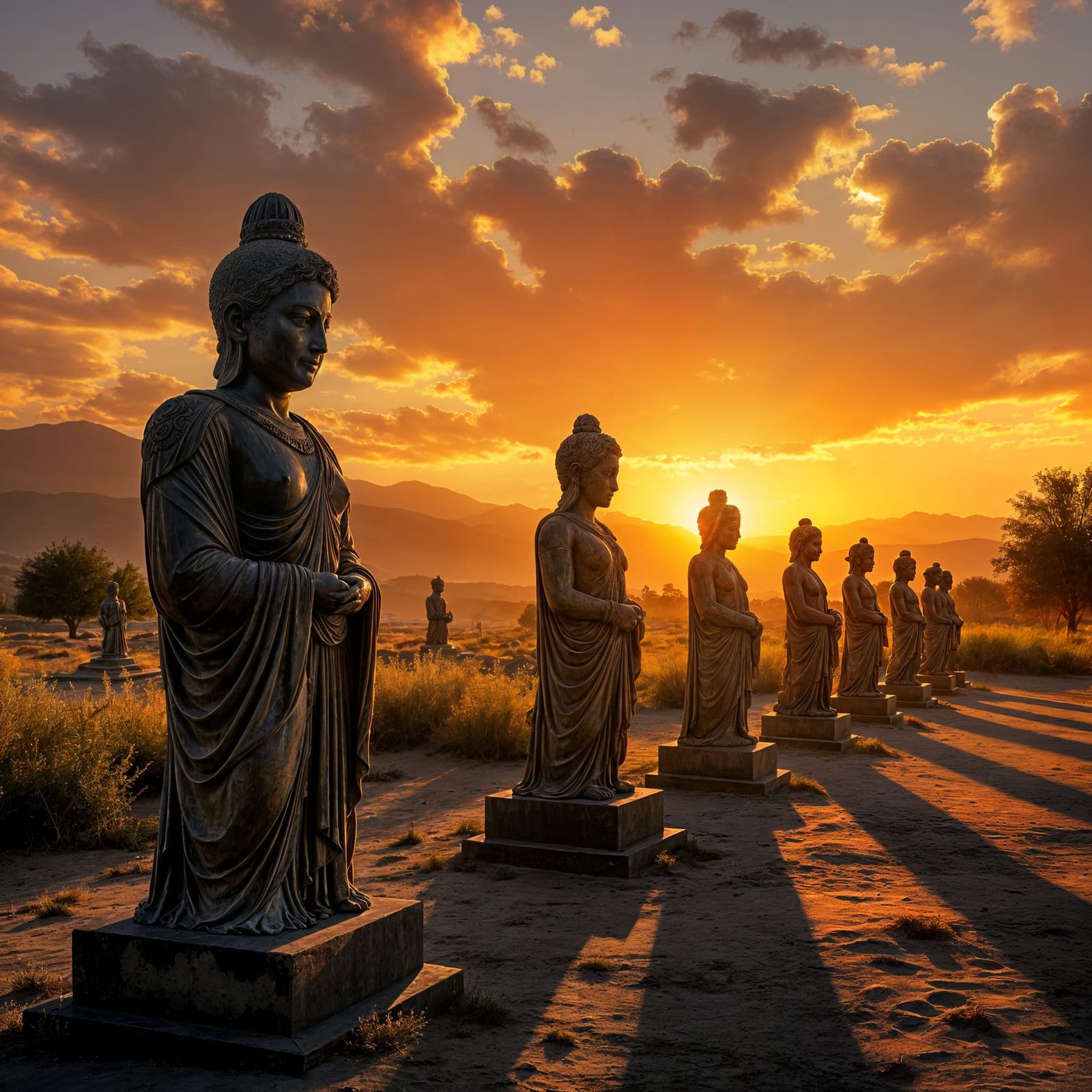 Sunrise Illuminates Ancient Statues with Golden Glow