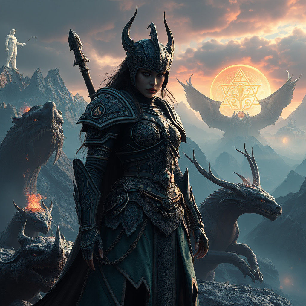 Mythical Warrior in Dreamlike Sci-Fi Landscape