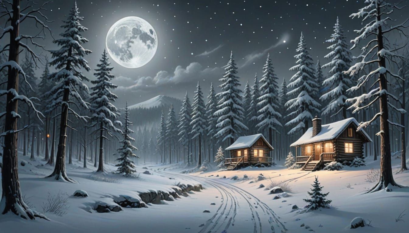 Snowy Forest Cabin in Pencil Drawing Style