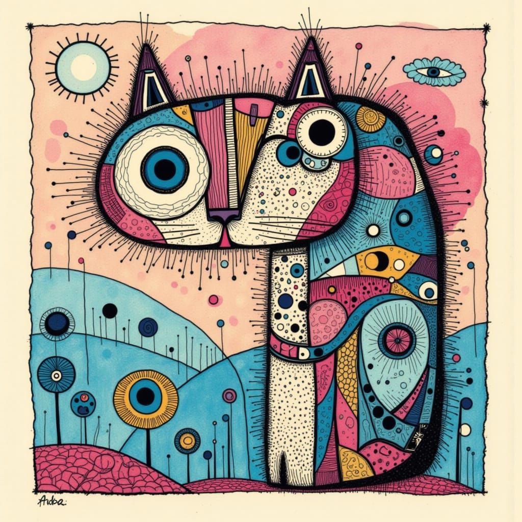 Whimsical Cats Illustration in Blueberry Ink Style