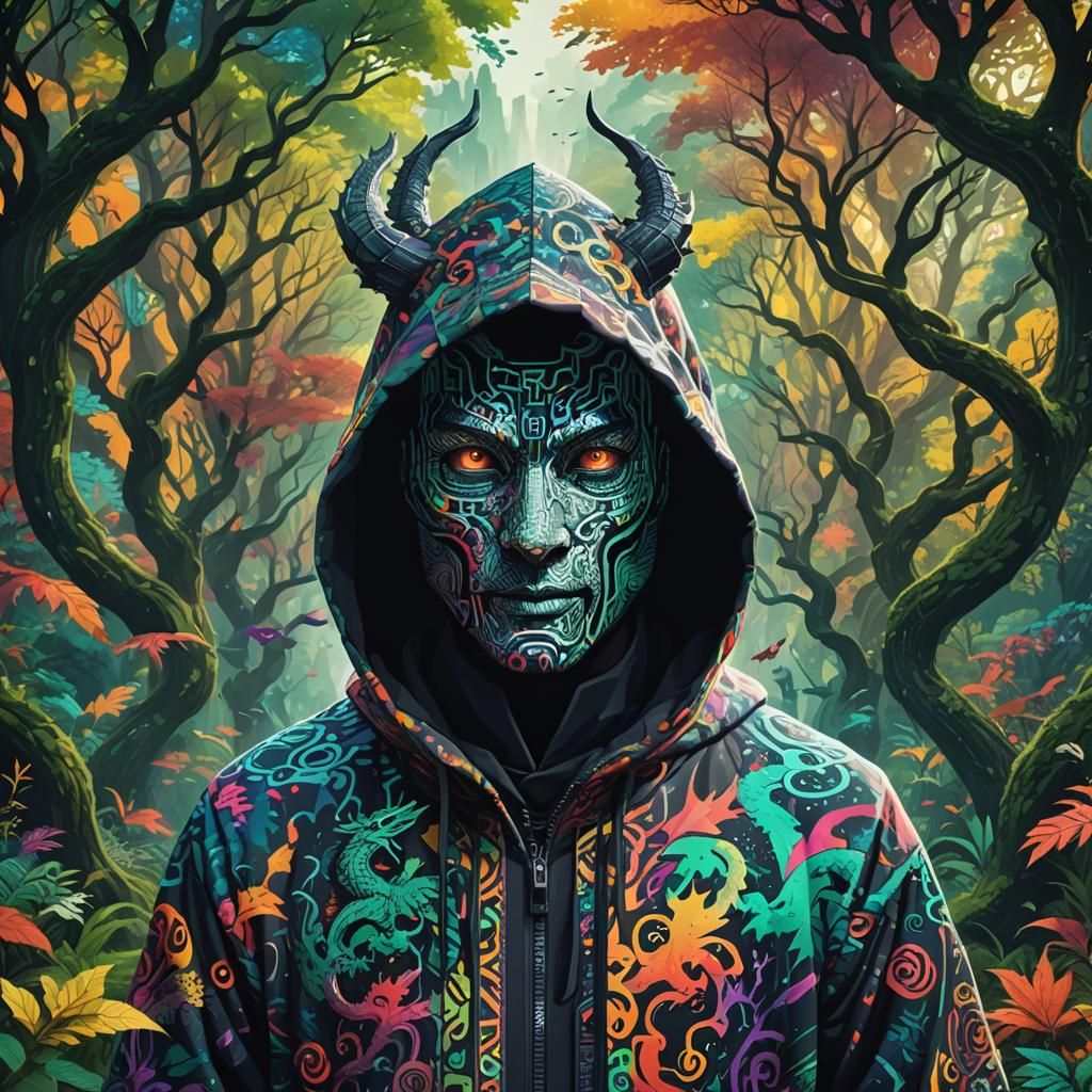 Dragon QR Code Art with Hooded Figure in Neo-Impressionism