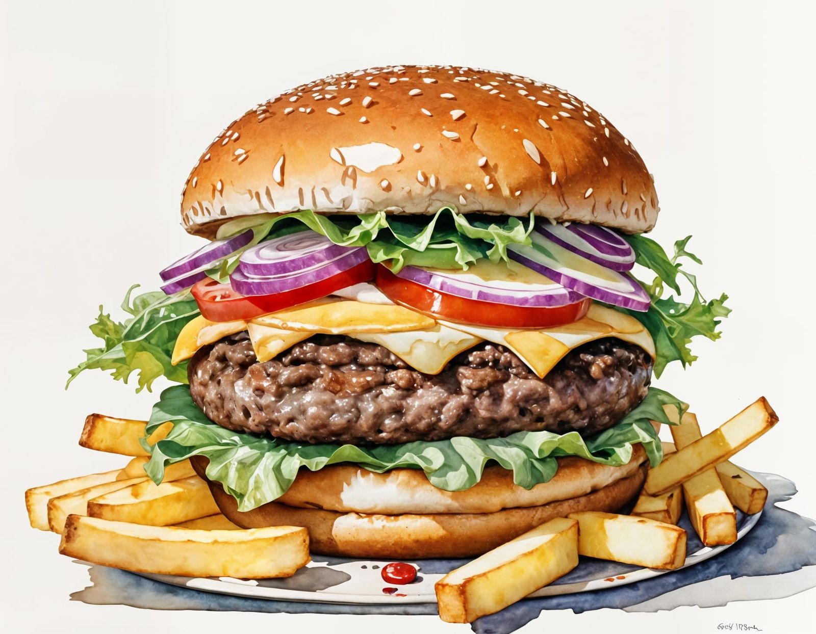Gigantic Burger with Fries in Watercolor Style