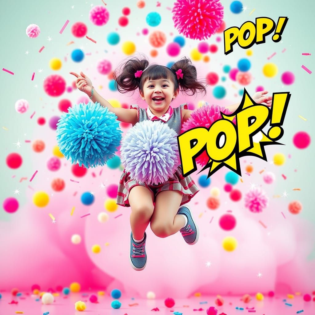 Pop Art Explosion with Dancing Girl and Pom-Poms