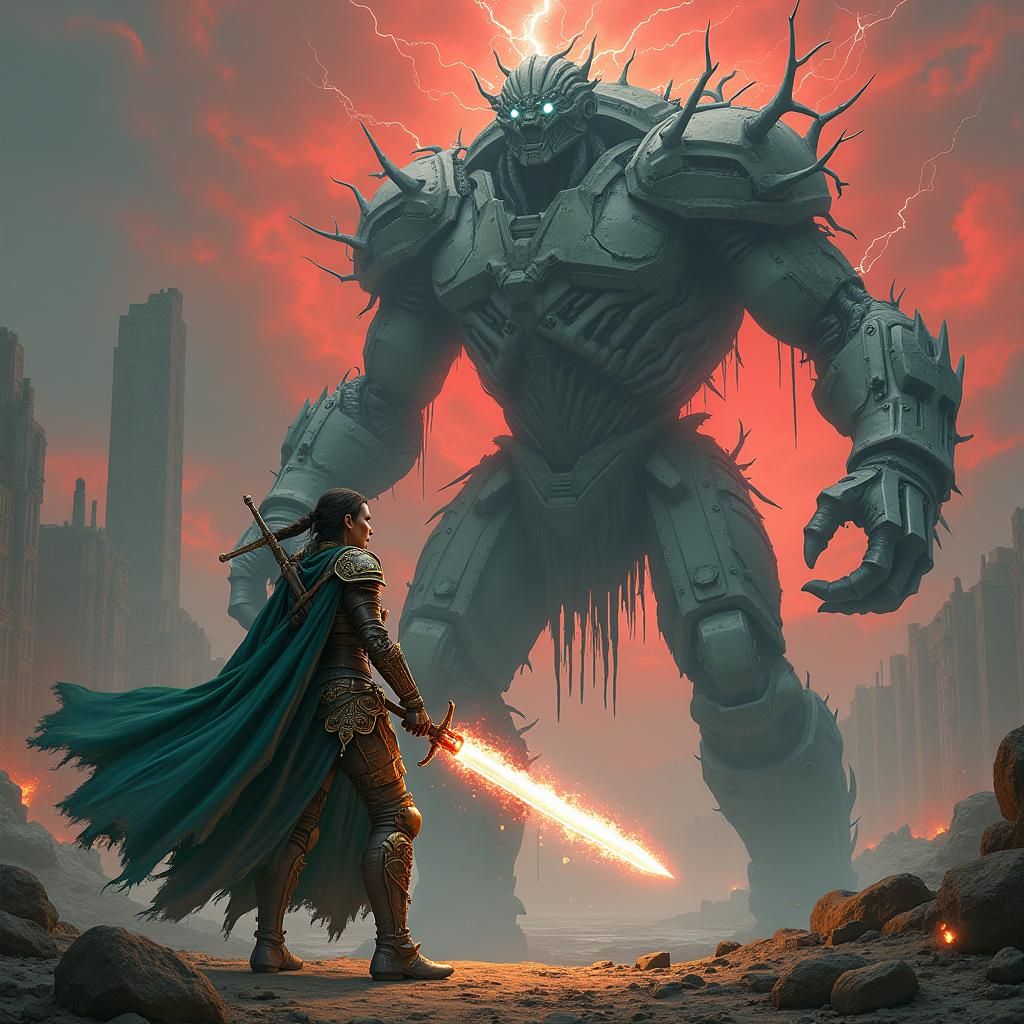 Warrior Versus AI Behemoth in Ruined Cityscape