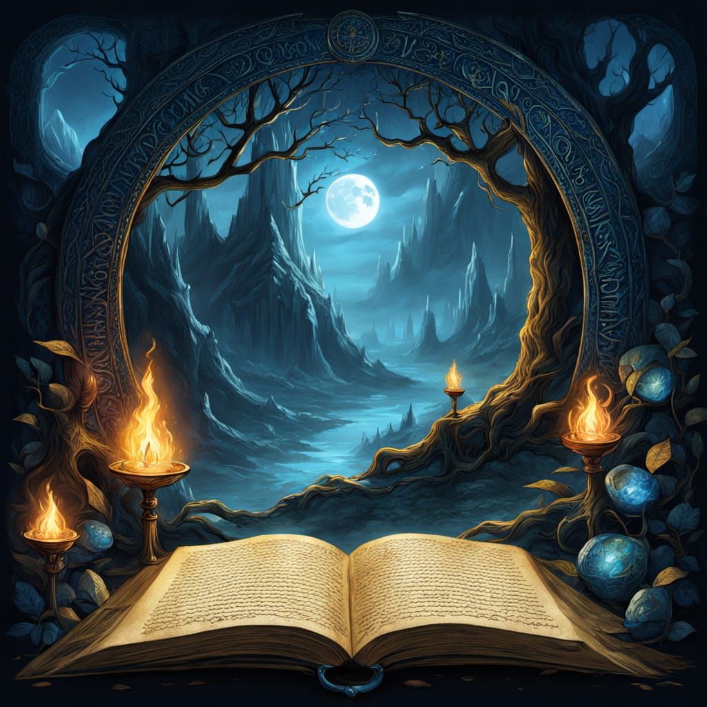 Epic Fantasy Ring with Ancient Blue Lettering and Yellowed P...