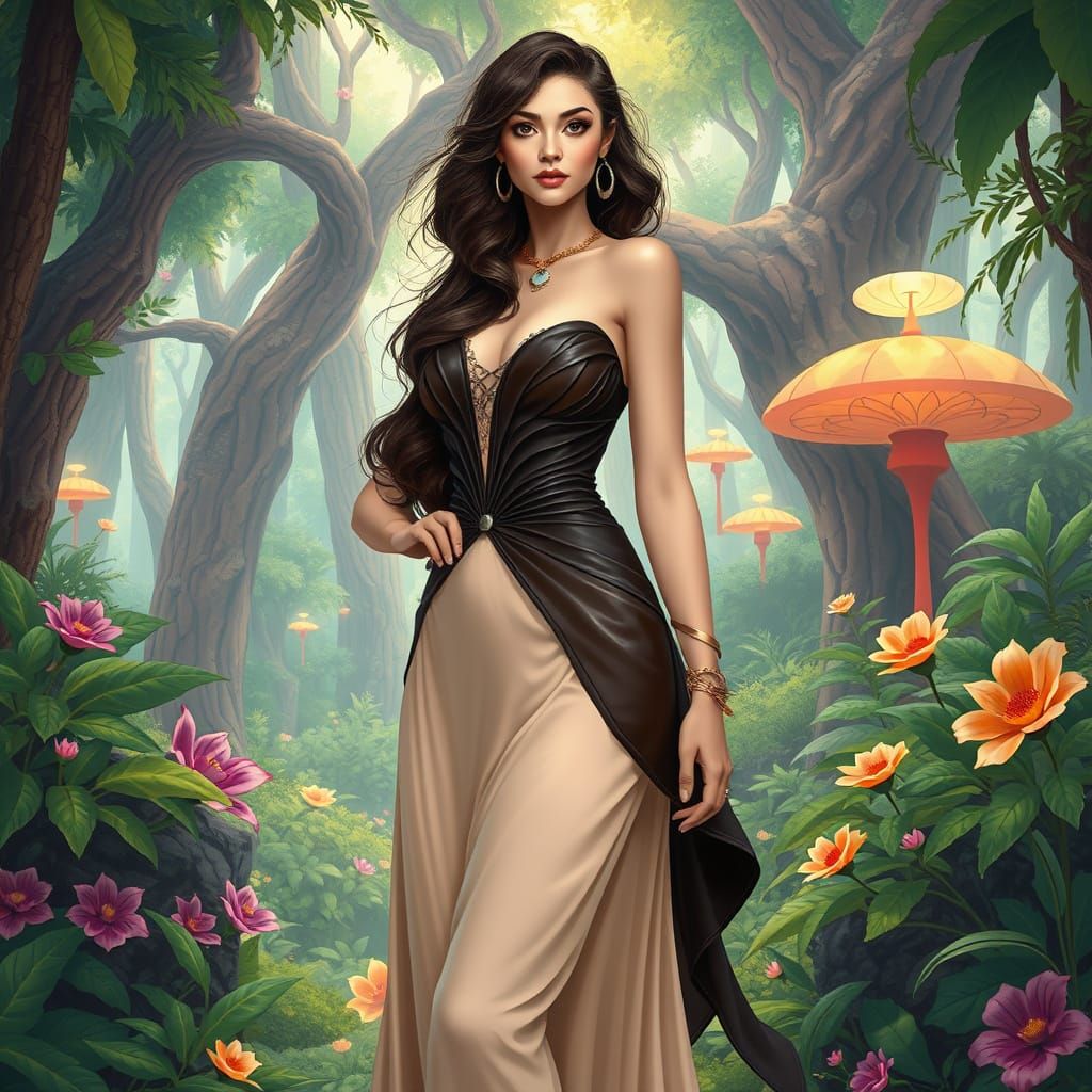 Elegant Woman in Whimsical Forest, Art Nouveau Style