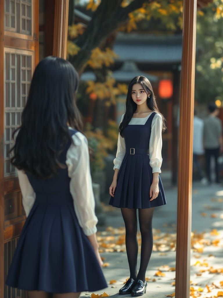 Maiden Contemplates Reflection in Autumn Shrine