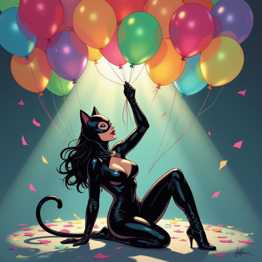 Catwoman Playfully Batting Oversized Balloons in Comic Style