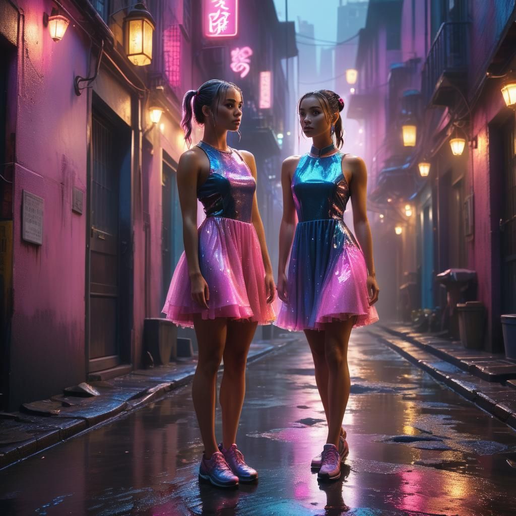 Girl in Alleyway with Neon Lights: Matte Painting