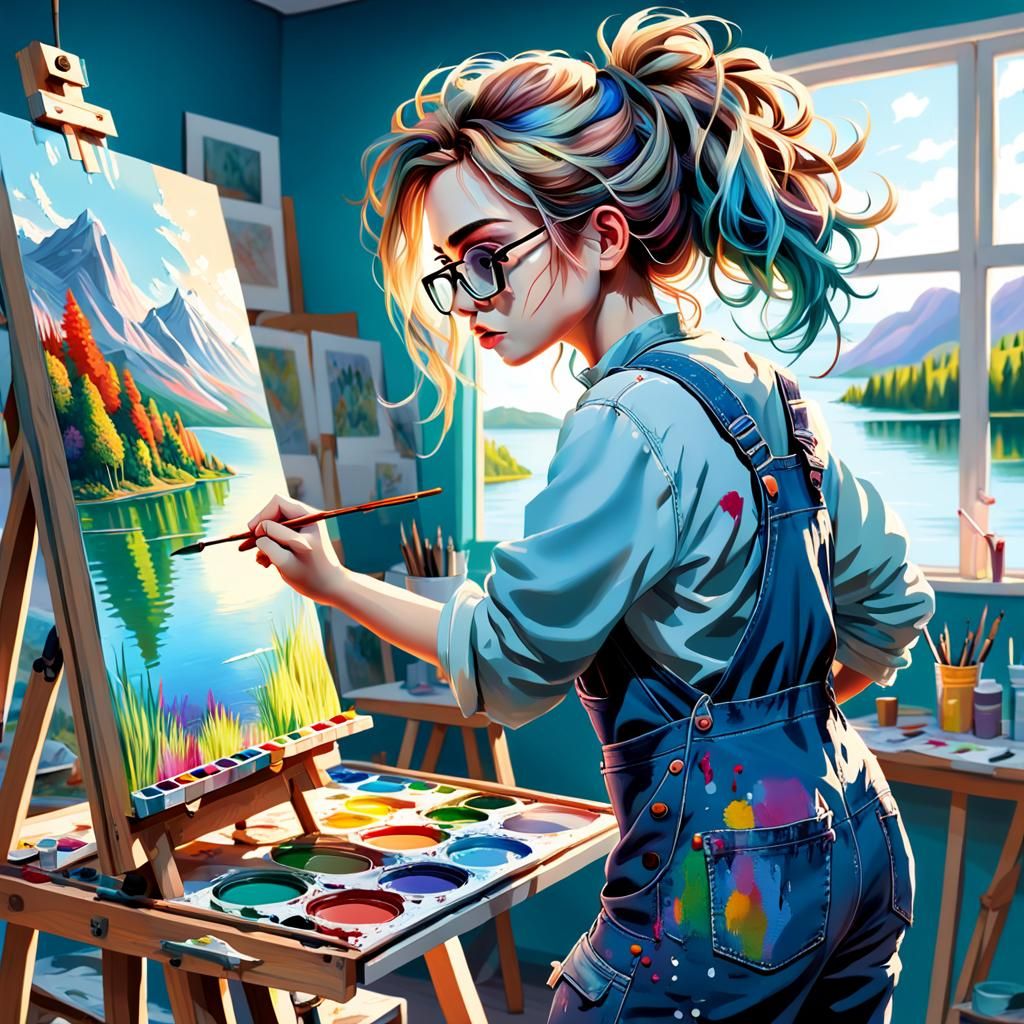 Girl in Art Room Painting Lake: Hyperrealistic Splash Art