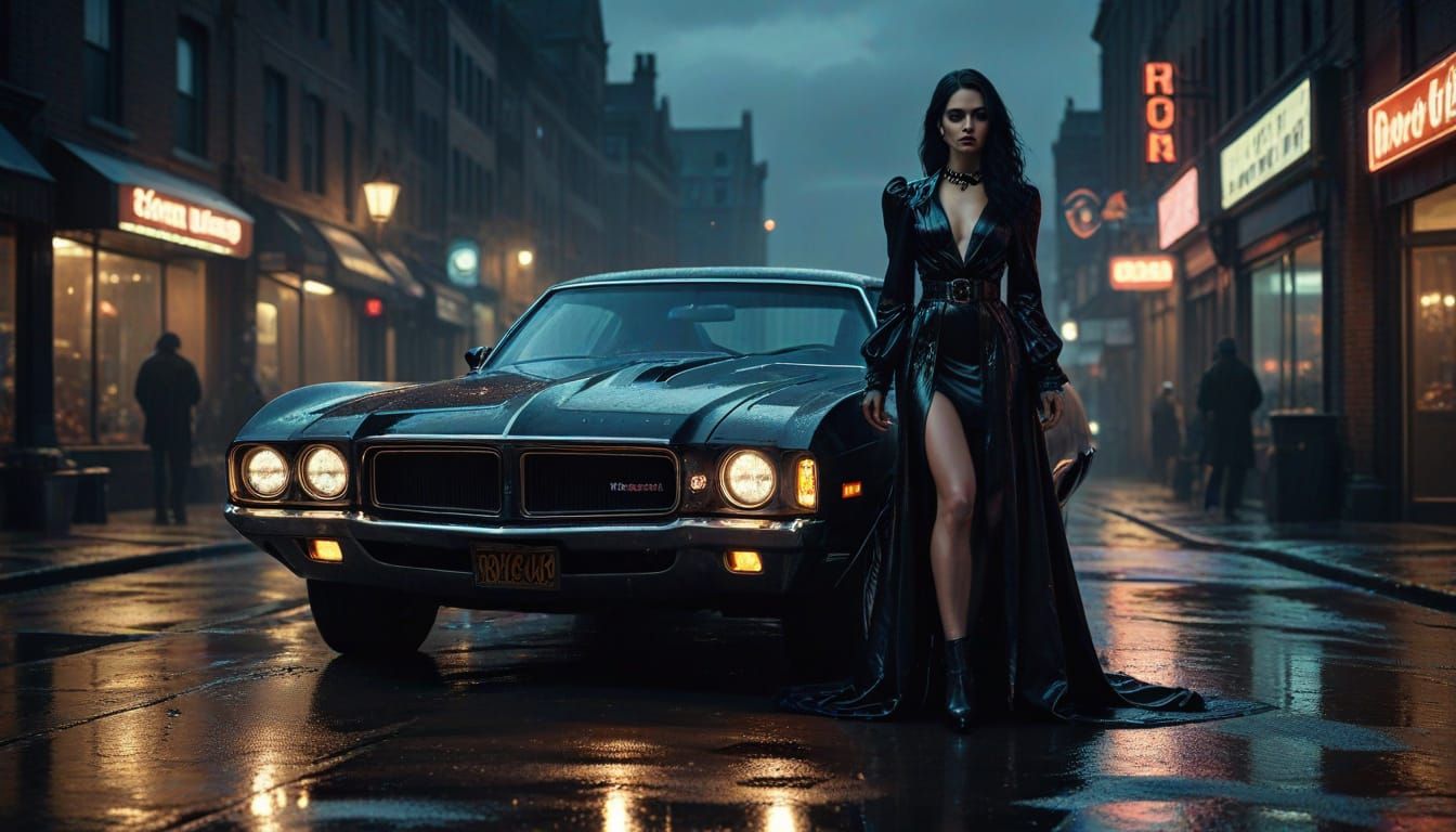 Gothic Model Poses With Vintage Muscle Car