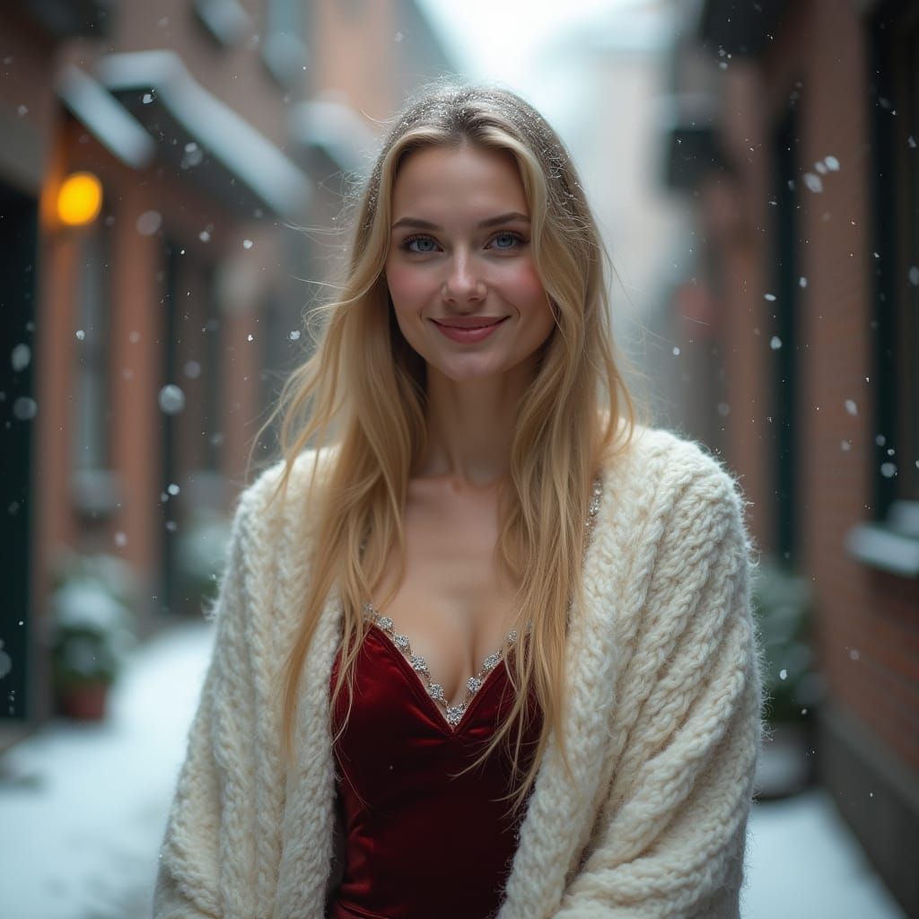 Woman in Velvet Dress Walks Through Snowy Alley
