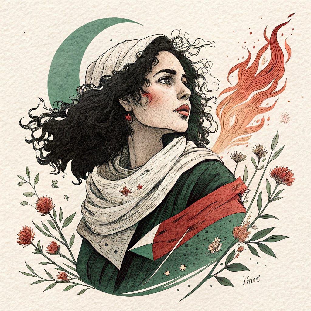 Arabic Woman in Palestinian Attire, Surrounded by Circle of ...