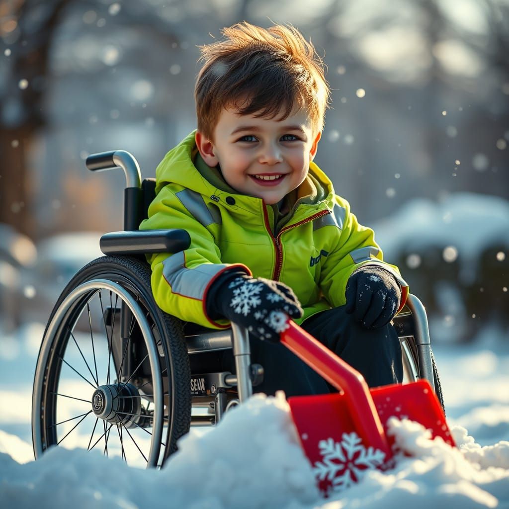 A young boy with brown hair and in a wheelchair shoveling snow with his electric wheelchair with a electric lime green j...
