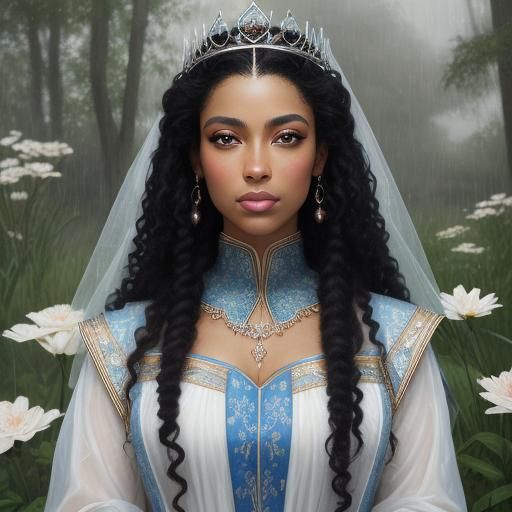 Ethereal Biracial Princess in Rain, Oil Painting