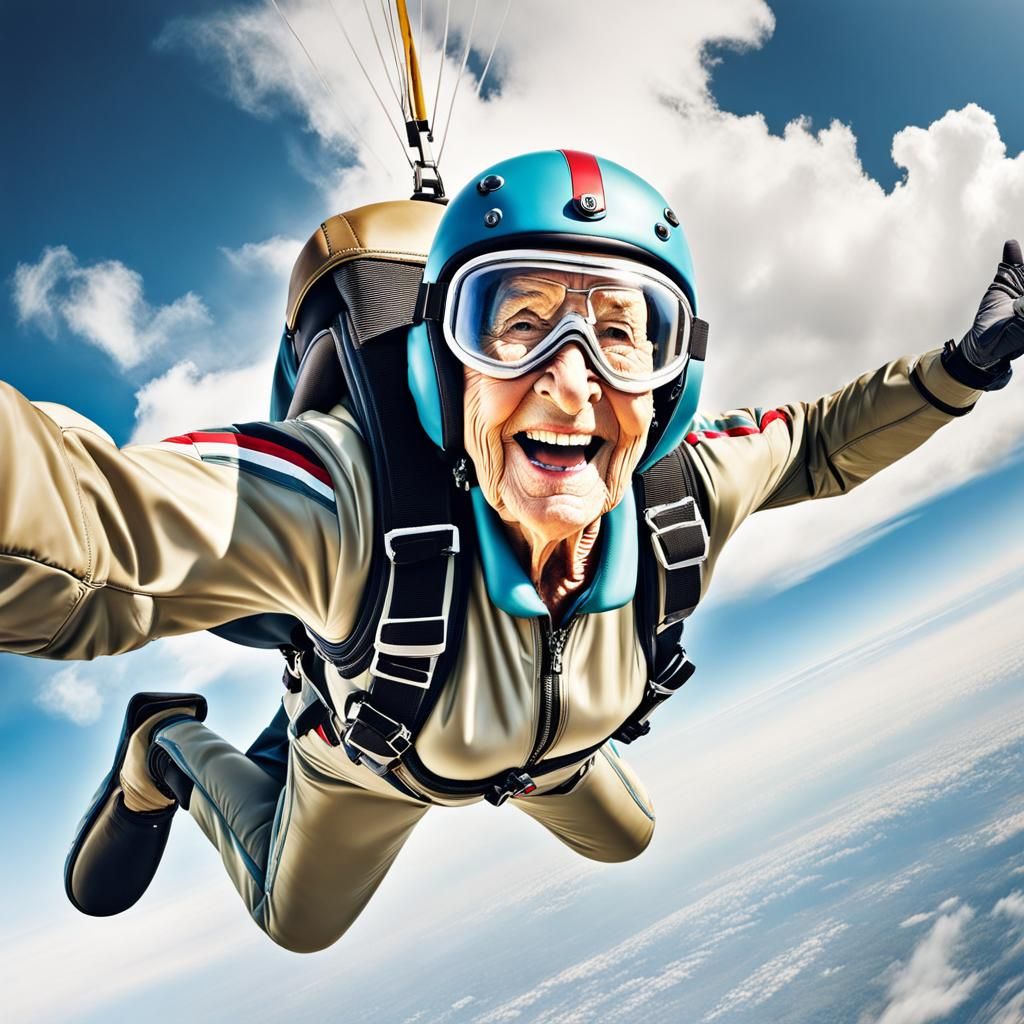 Smiling Grandma Skydiving: Soft Realistic Portrait
