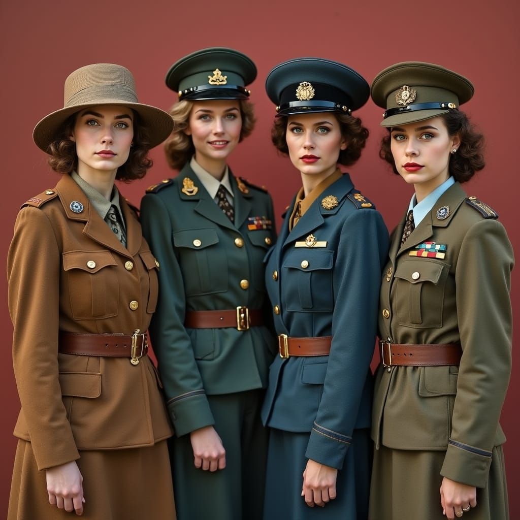 Uma fotografia colorizada retrata quatro mulheres oficiais militares posando juntos em um terraço com telhados vermelhos...