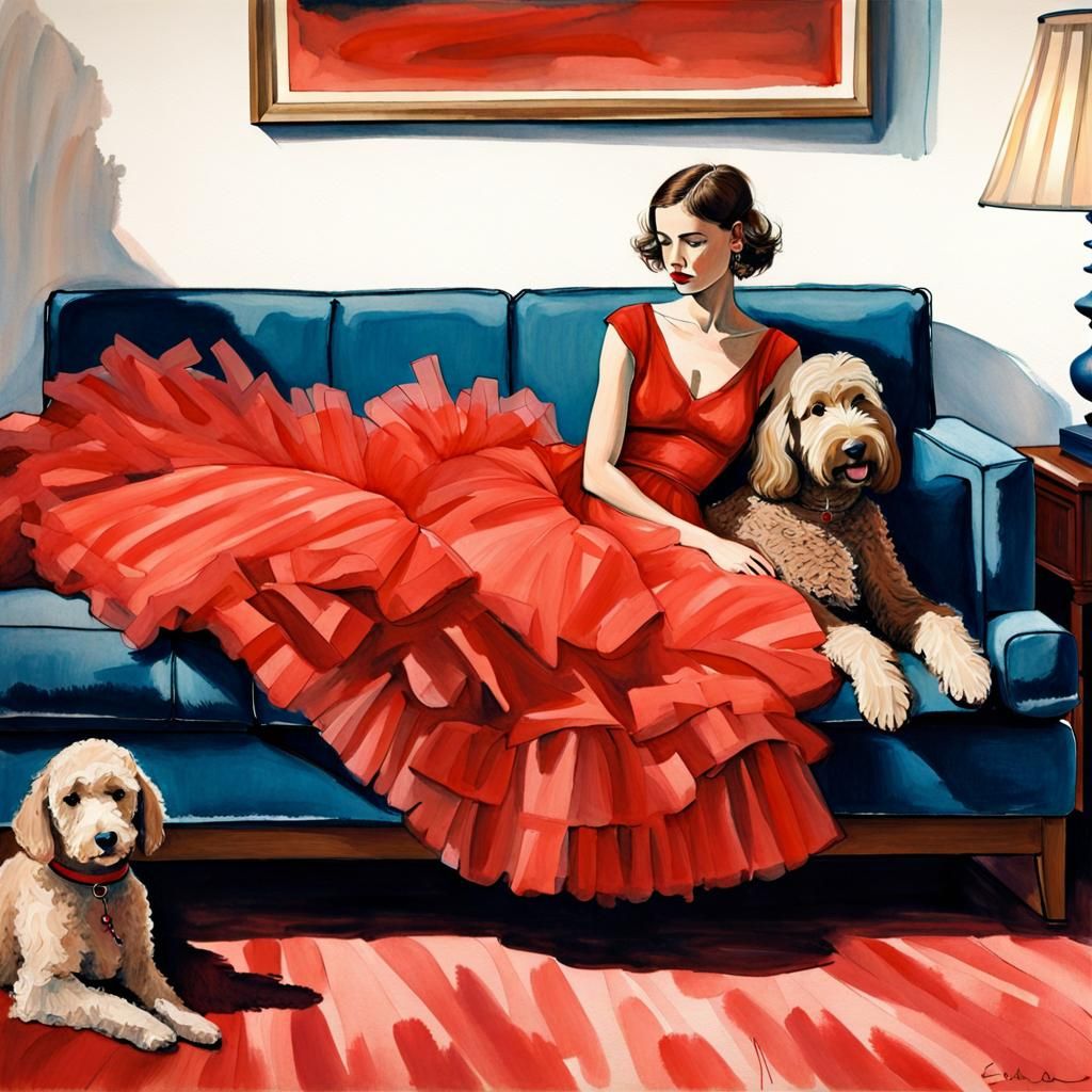 Girl in Red Dress with Labradoodle, Edward Hopper Style
