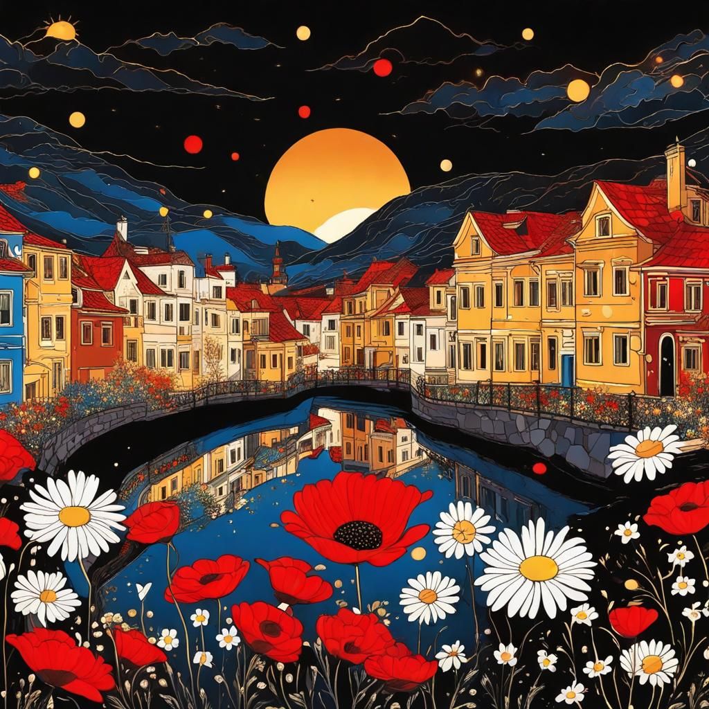 Palekh Style Village Scene with Fairy Lights