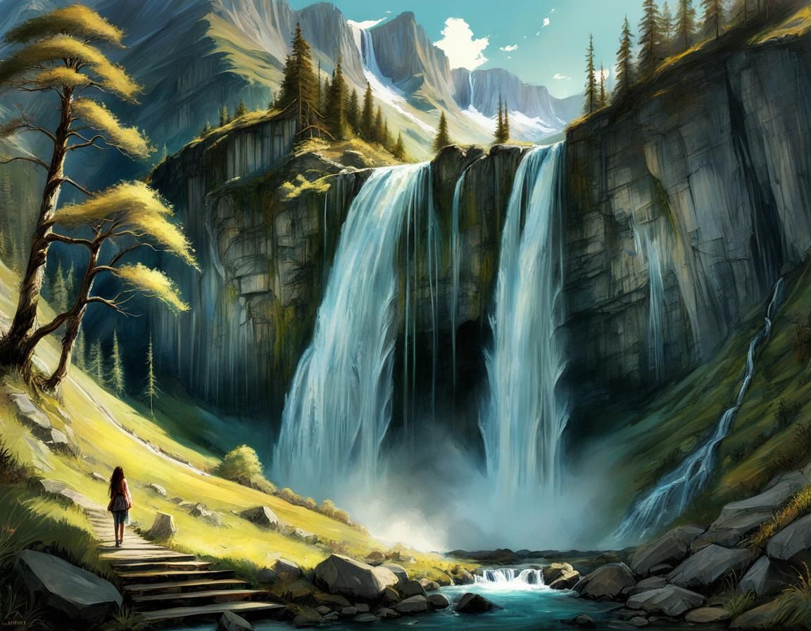 Waterfall in Sunny Valley: Digital Chalk Art